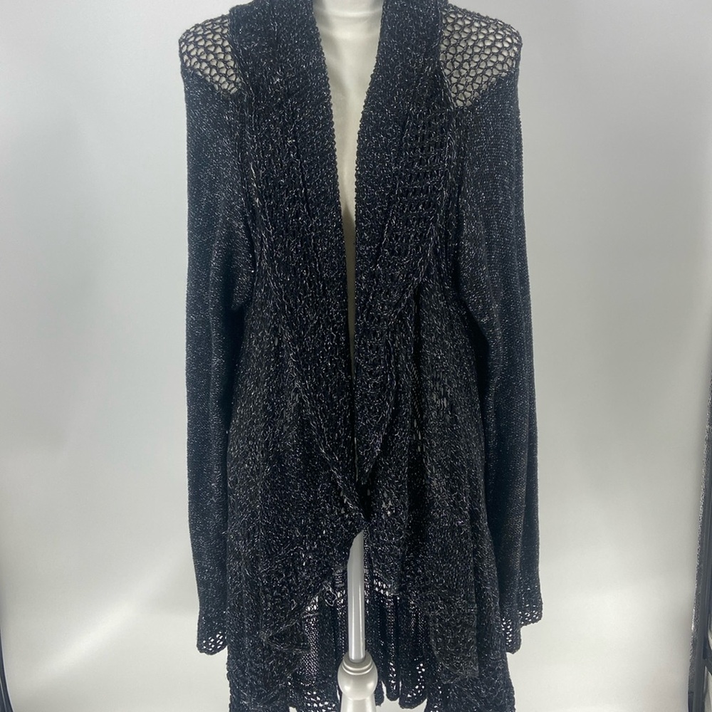 Black grey knit waterfall duster ruffle drape front sparkle romantic